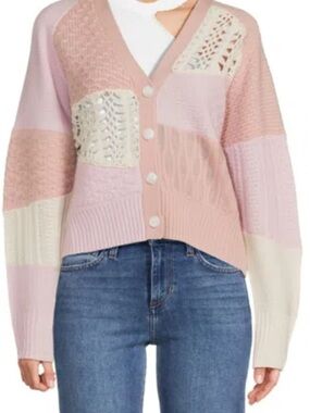 RtA Mixed-Knit Patchwork Cardigan in Pale Pink & Cream